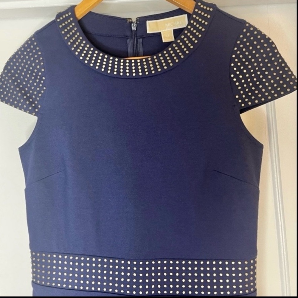 MICHAEL Michael Kors Studded Midi Sheath Dress Stretch Navy Blue Size XS - Picture 2 of 9